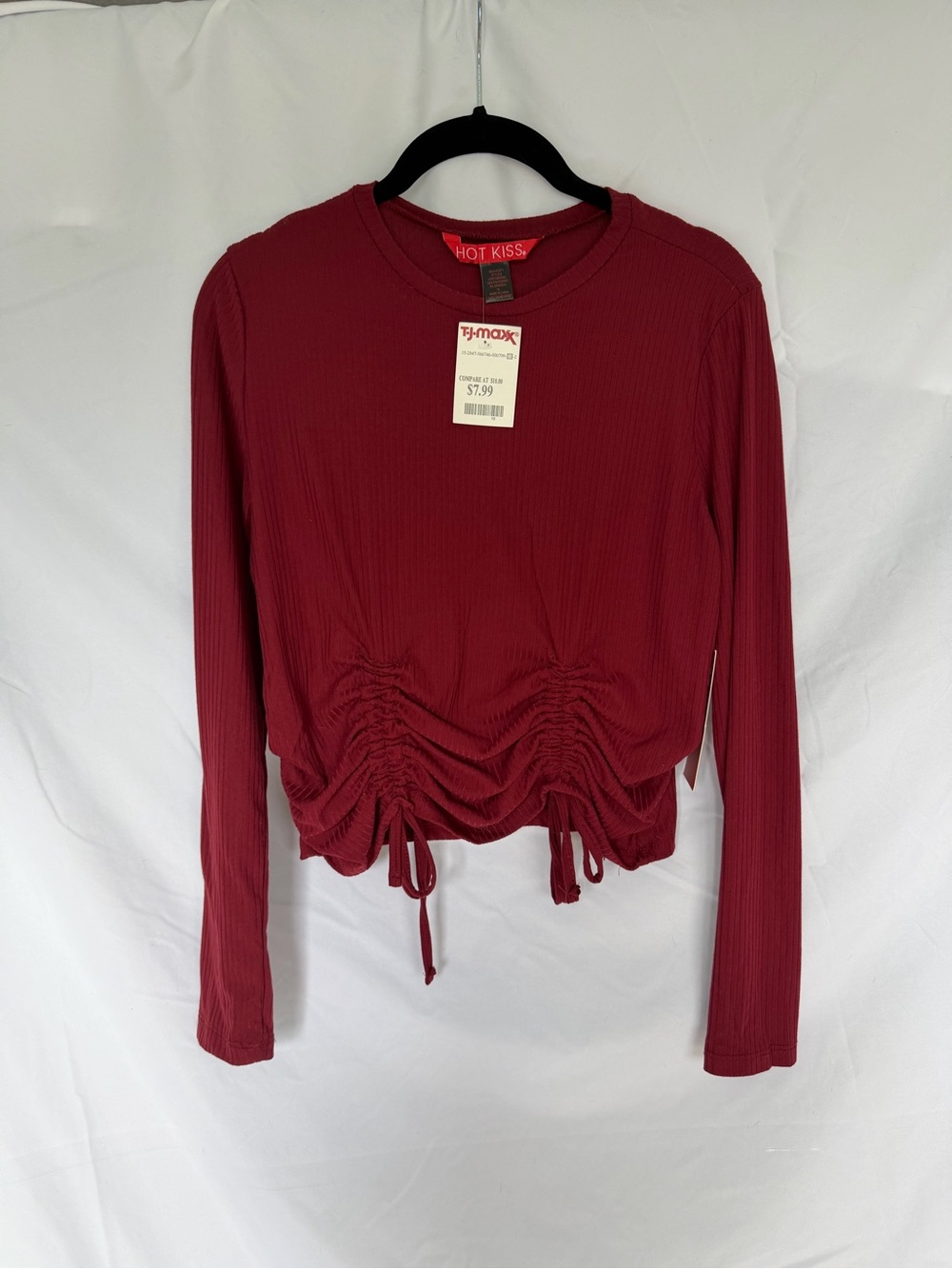 Hot Kiss Long Sleeve Ruched Drawstring Top - Red